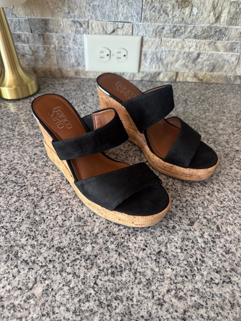Franco Sarto Black Suede Cork Wedge Slide Sandals - Size 7 - NWT